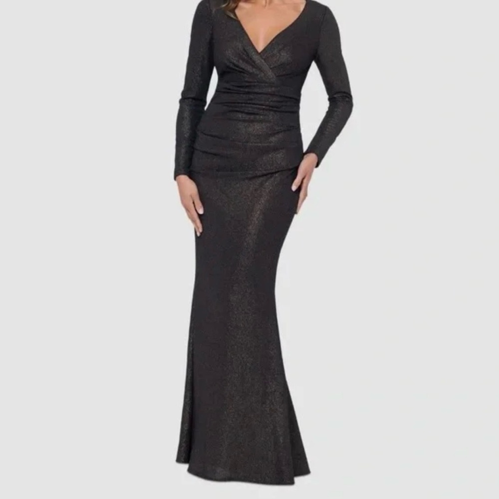 NWT Xscape Black and Gold Shimmer V Neck Gown